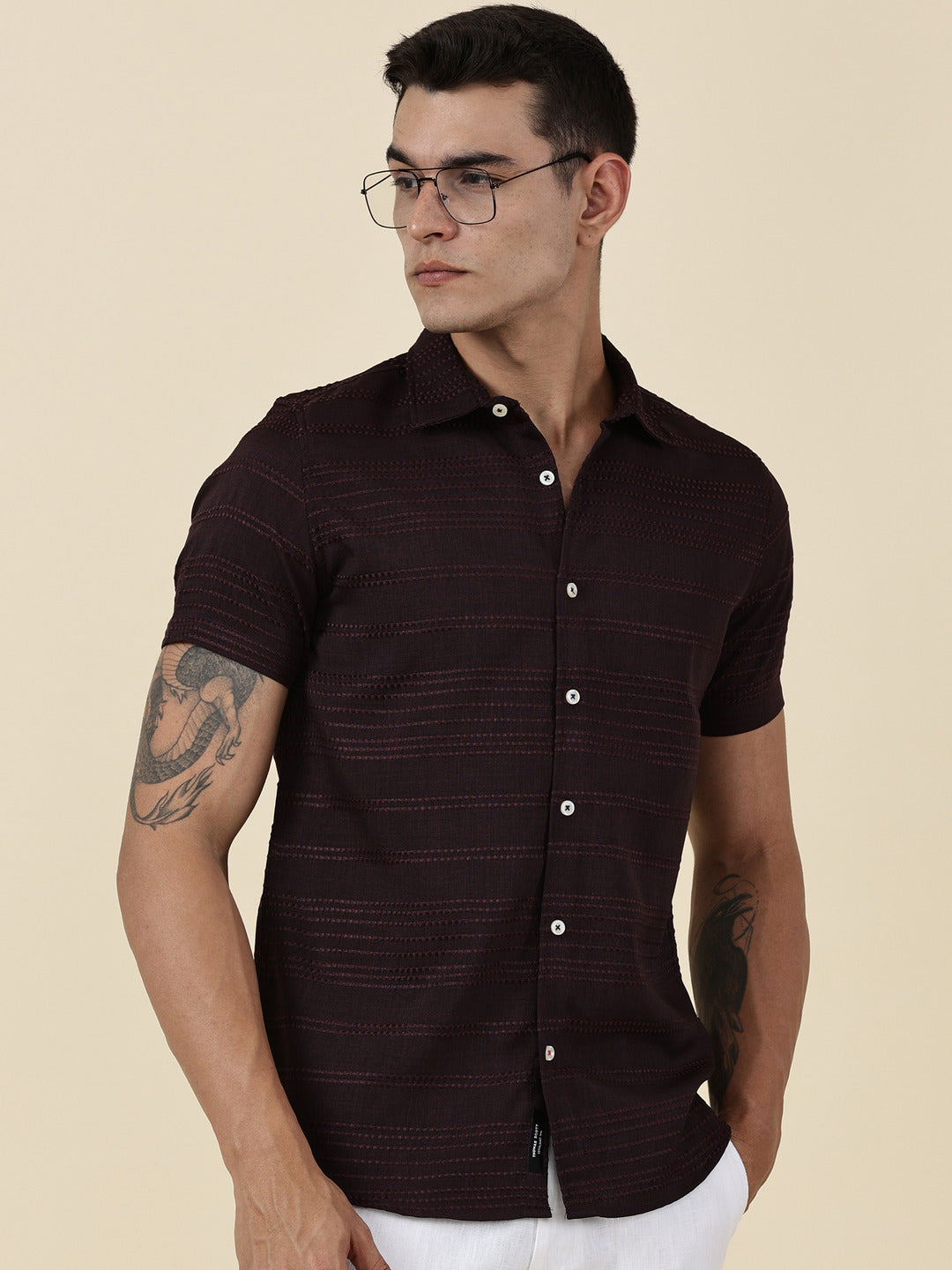 Thomas Scott Men Wine Slim Fit Short Sleeves Horizontal Stripes Casual Shirt