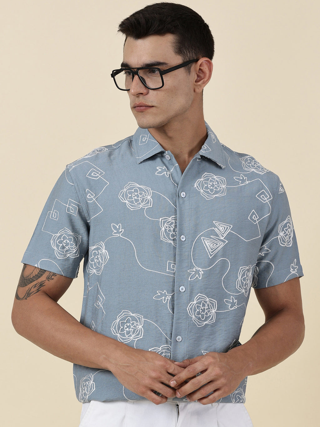 Thomas Scott Men Blue Regular Fit Short Sleeves Spread Collar Embroidered Shirt