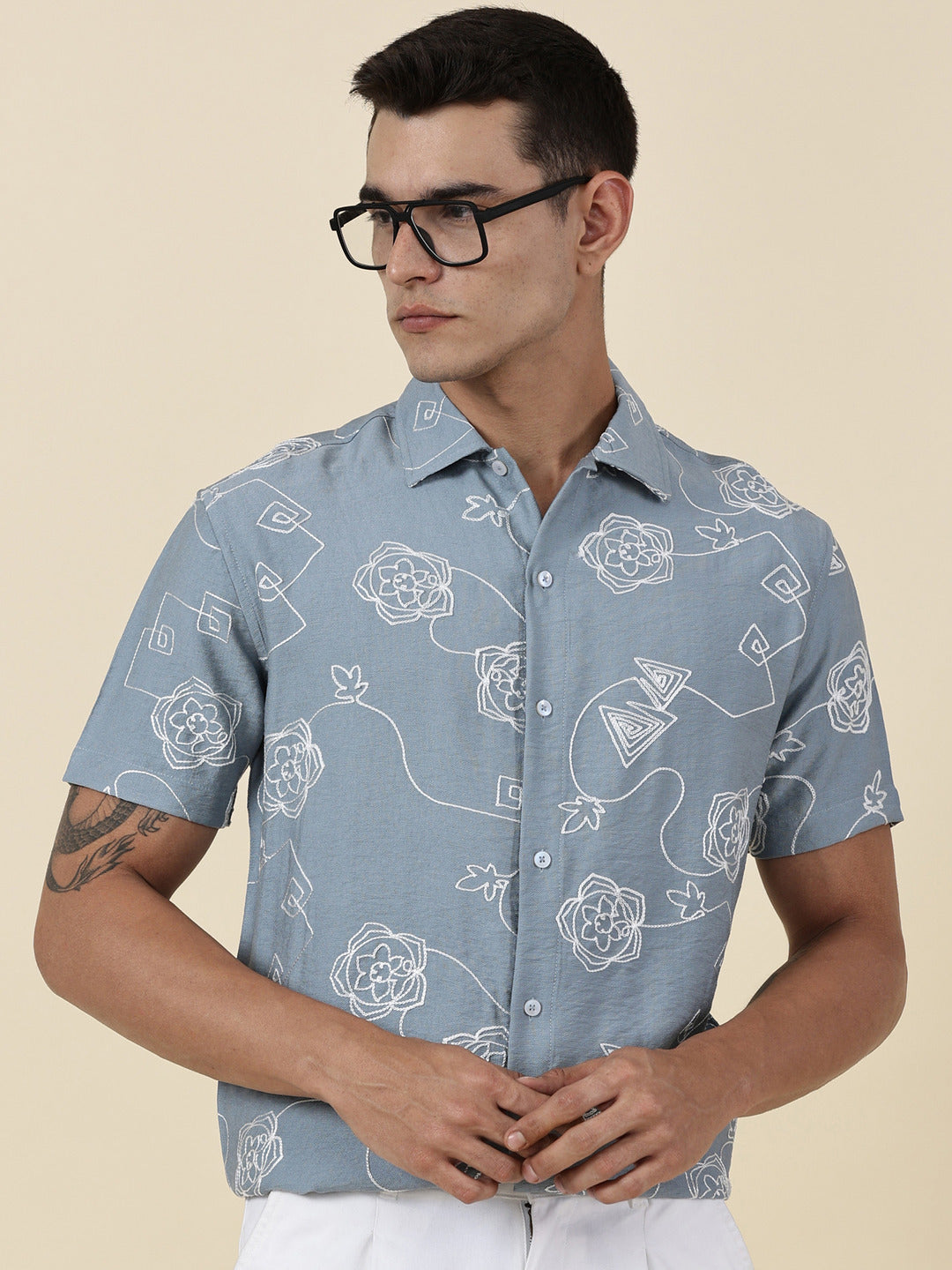 Thomas Scott Men Blue Regular Fit Short Sleeves Spread Collar Embroidered Shirt