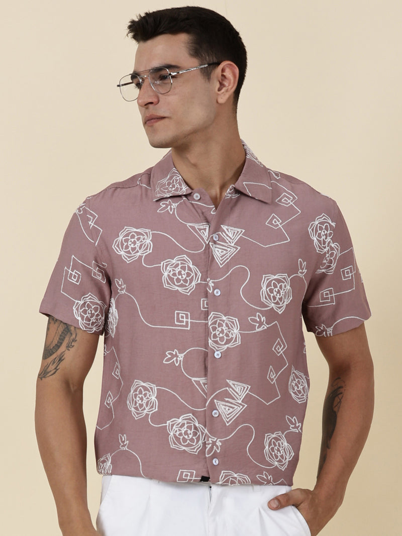 Thomas Scott Men Pink Regular Fit Short Sleeves Spread Collar Embroidered Shirt