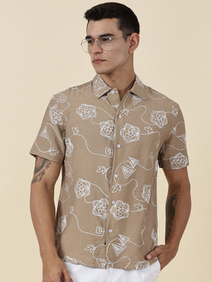 Thomas Scott Men Beige Regular Fit Short Sleeves Spread Collar Embroidered Shirt