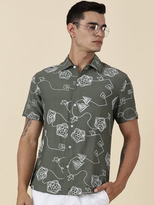 Thomas Scott Men Olive Regular Fit Short Sleeves Spread Collar Embroidered Shirt