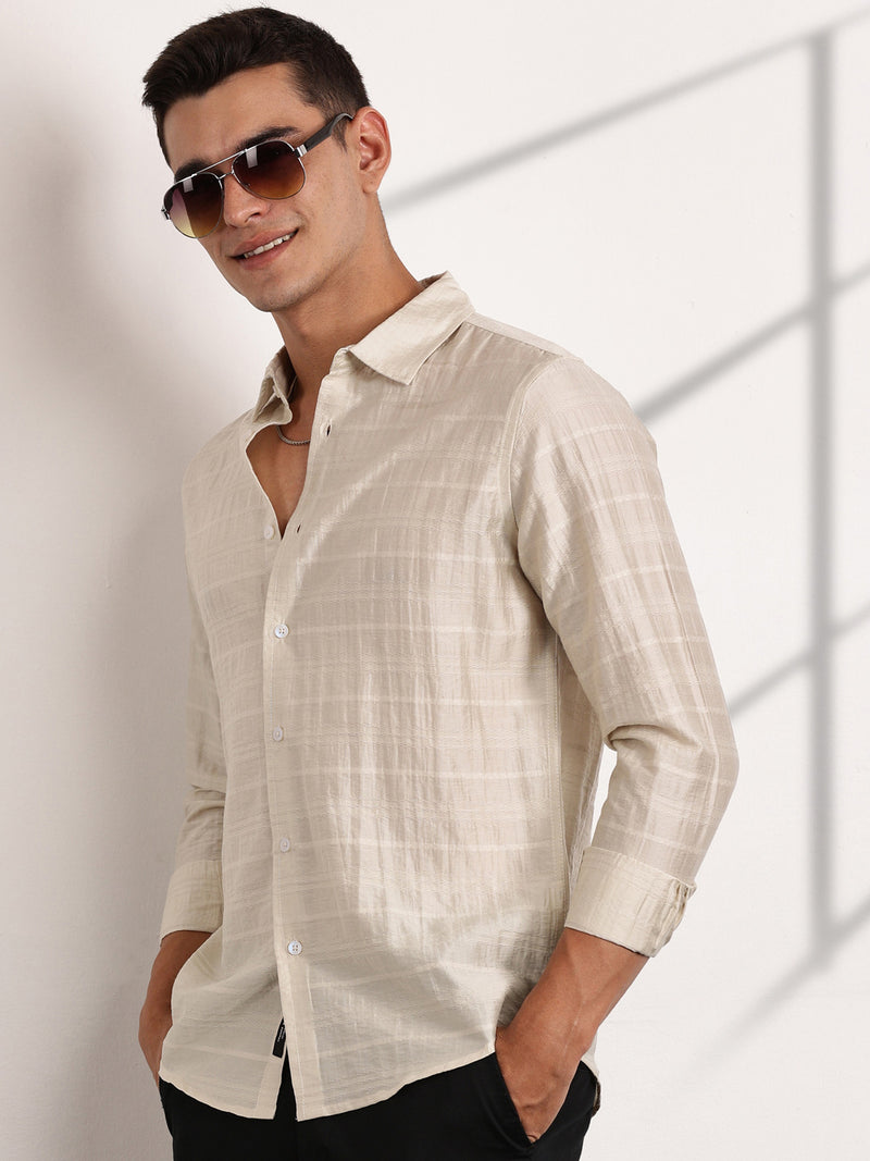 Thomas Scott Men Cream Slim Fit Long Sleeves Horizontal Stripes Casual Shirt