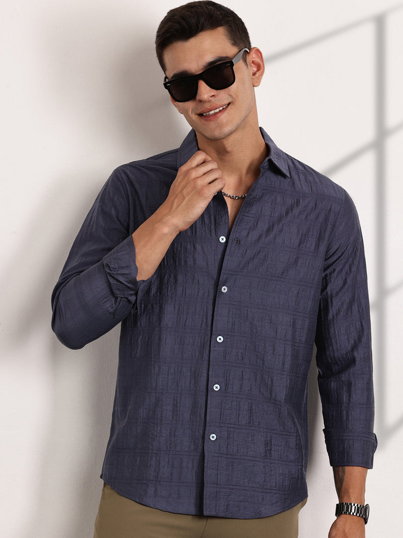 Thomas Scott Men Blue Slim Fit Long Sleeves Horizontal Stripes Casual Shirt