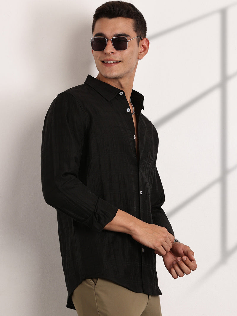 Thomas Scott Men Black Slim Fit Long Sleeves Horizontal Stripes Casual Shirt