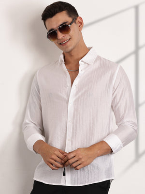 Thomas Scott Men White Slim Fit Long Sleeves Vertical Stripes Casual Shirt