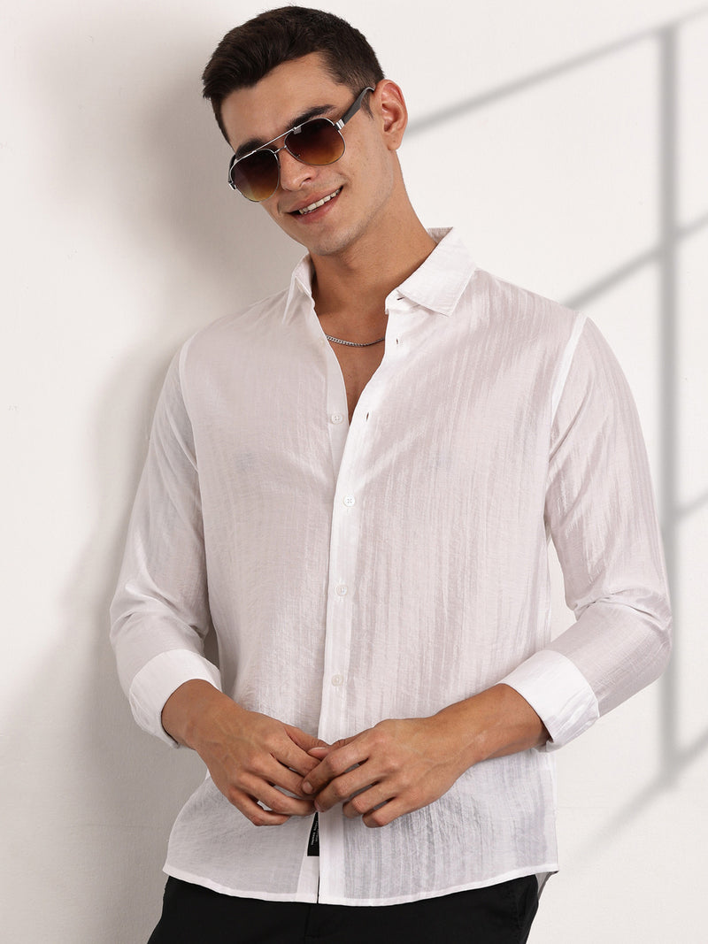 Thomas Scott Men White Slim Fit Long Sleeves Vertical Stripes Casual Shirt