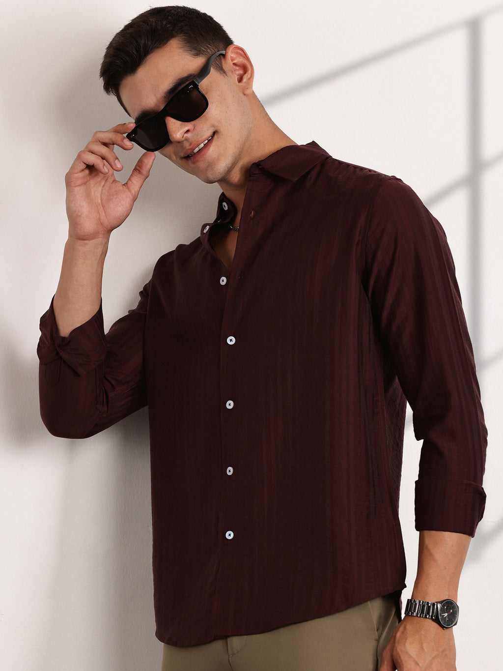 Thomas Scott Men Wine Slim Fit Long Sleeves Vertical Stripes Casual Shirt