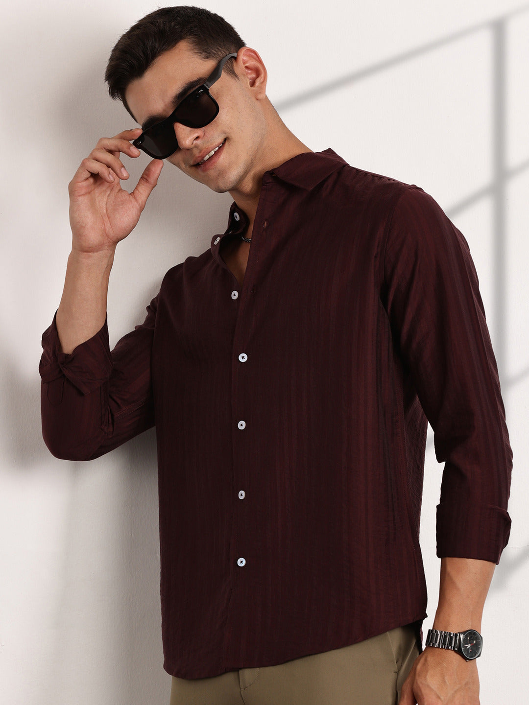 Thomas Scott Men Wine Slim Fit Long Sleeves Vertical Stripes Casual Shirt