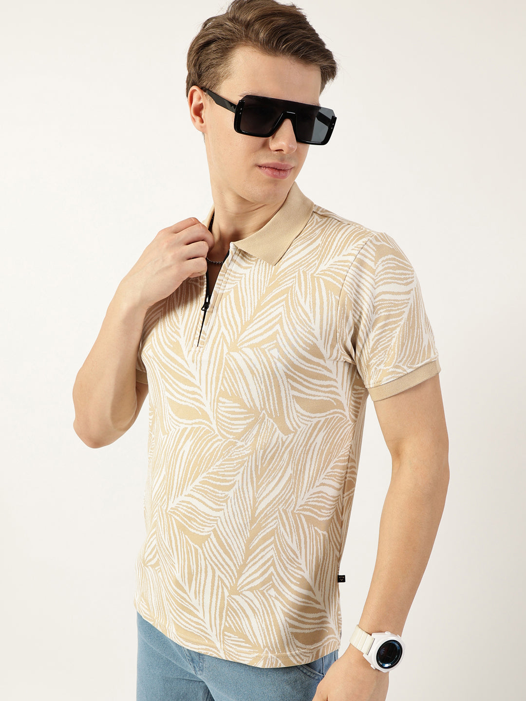 Thomas Scott Men Beige Floral Printed Polo Collar Pockets T-shirt