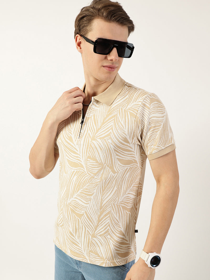 Thomas Scott Men Beige Floral Printed Polo Collar Pockets T-shirt