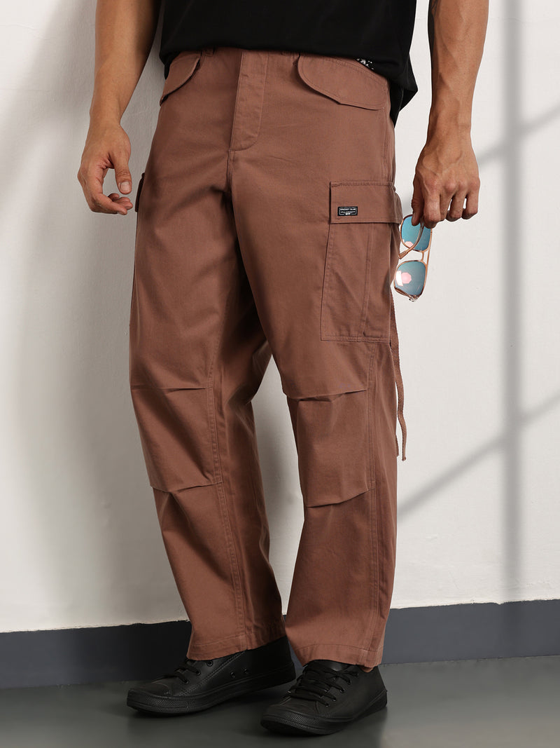 Thomas Scott Men Tan Mid-Rise Loose Fit Cotton Woven Cargo Trouser
