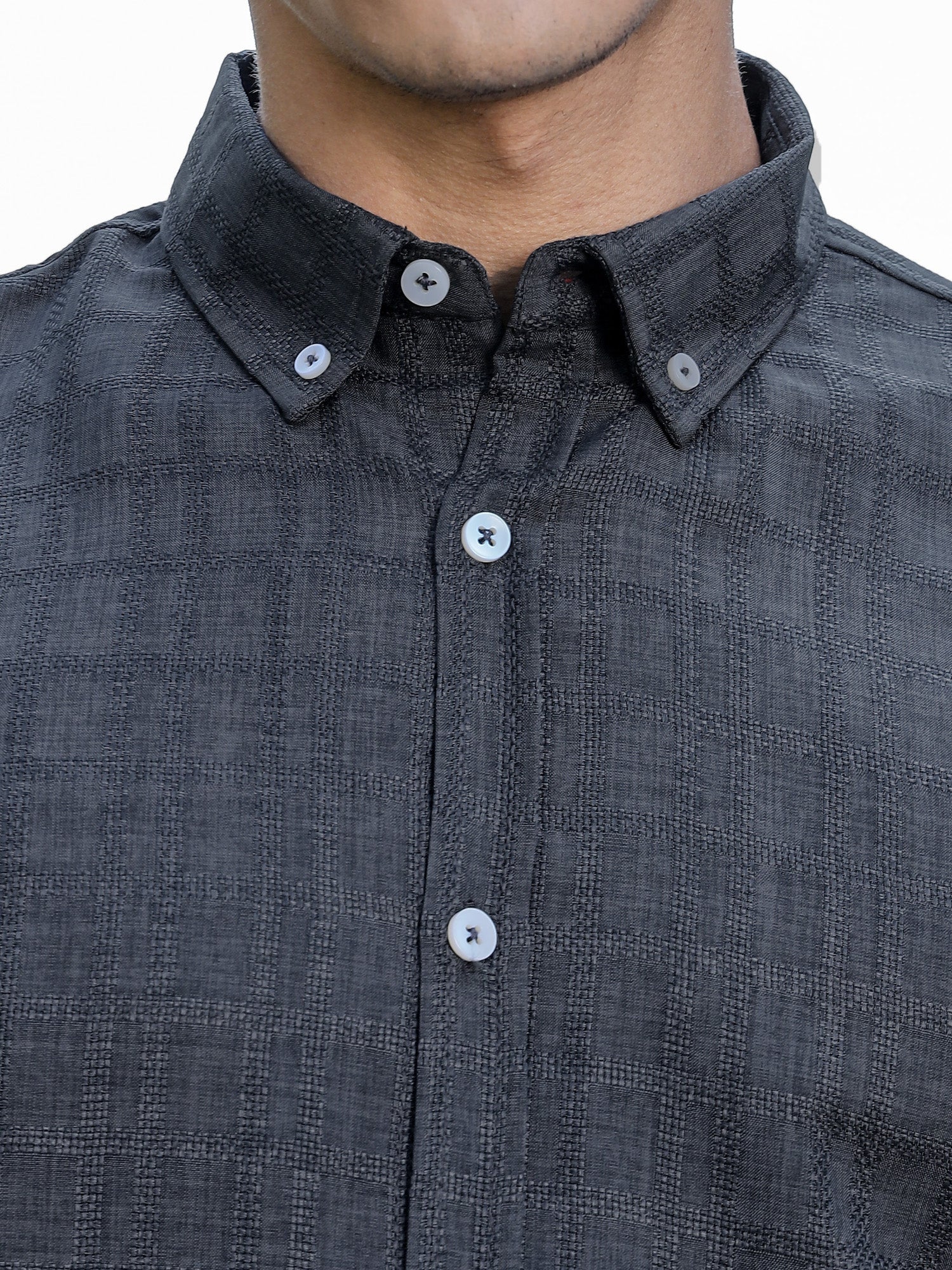 Thomas Scott Men Dk.Grey Slim Fit Short Sleeves Windowpane Checks Woven Casual Shirt