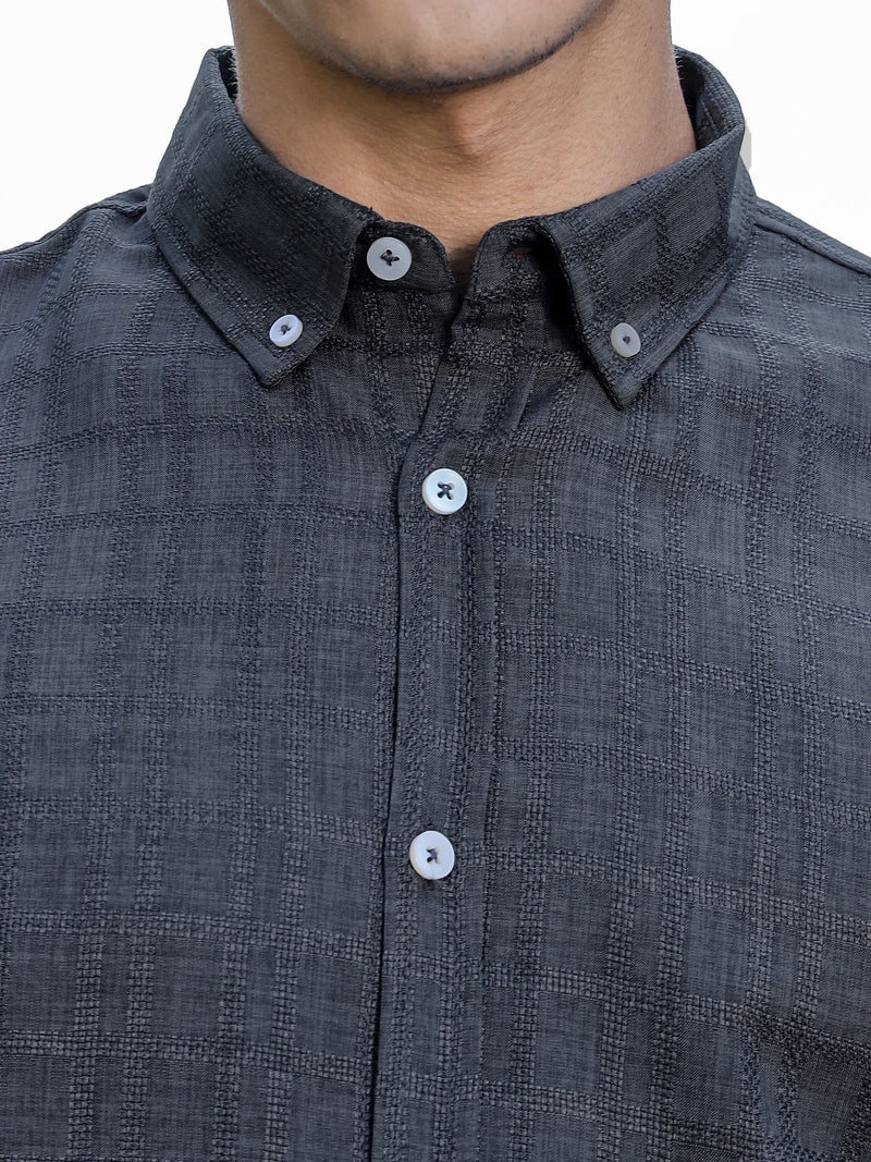 Thomas Scott Men Dk.Grey Slim Fit Short Sleeves Windowpane Checks Woven Casual Shirt