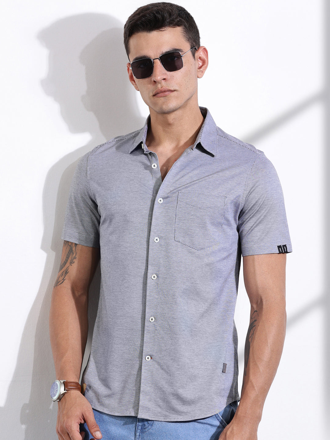 Thomas Scott Men Black Slim Fit Micro Ditsy Printed Knitted Shirt