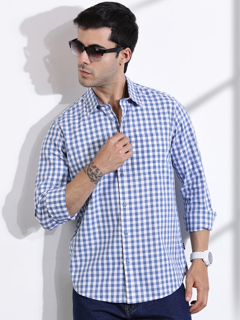 Thomas Scott Men Blue Slim Fit Long Sleeve Gingham Checks Cotton Casual Shirt