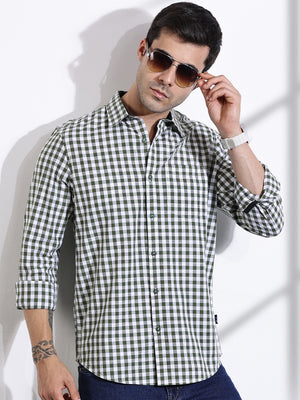 Thomas Scott Men Green Slim Fit Long Sleeve Gingham Checks Cotton Casual Shirt