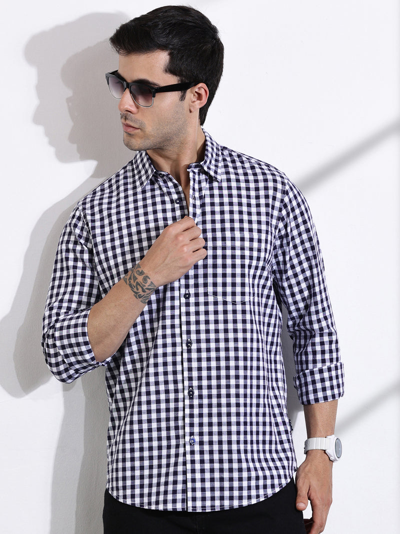 Thomas Scott Men Navy Slim Fit Long Sleeve Gingham Checks Cotton Casual Shirt