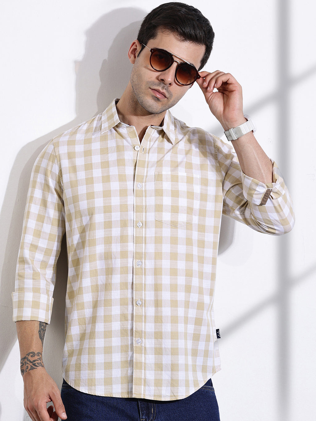 Thomas Scott Men Beige Slim Fit Long Sleeves Tartan Checks Casual Shirt