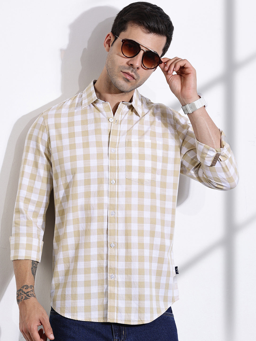 Thomas Scott Men Beige Slim Fit Long Sleeves Tartan Checks Casual Shirt