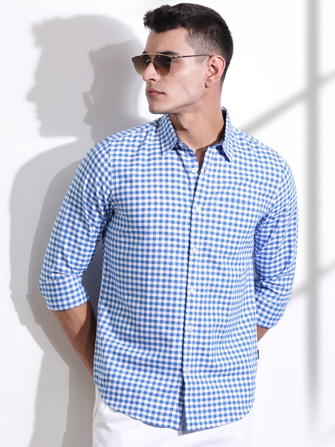 Thomas Scott Men Blue Slim Fit Long Sleeves Gingham Checks Woven Casual Shirt