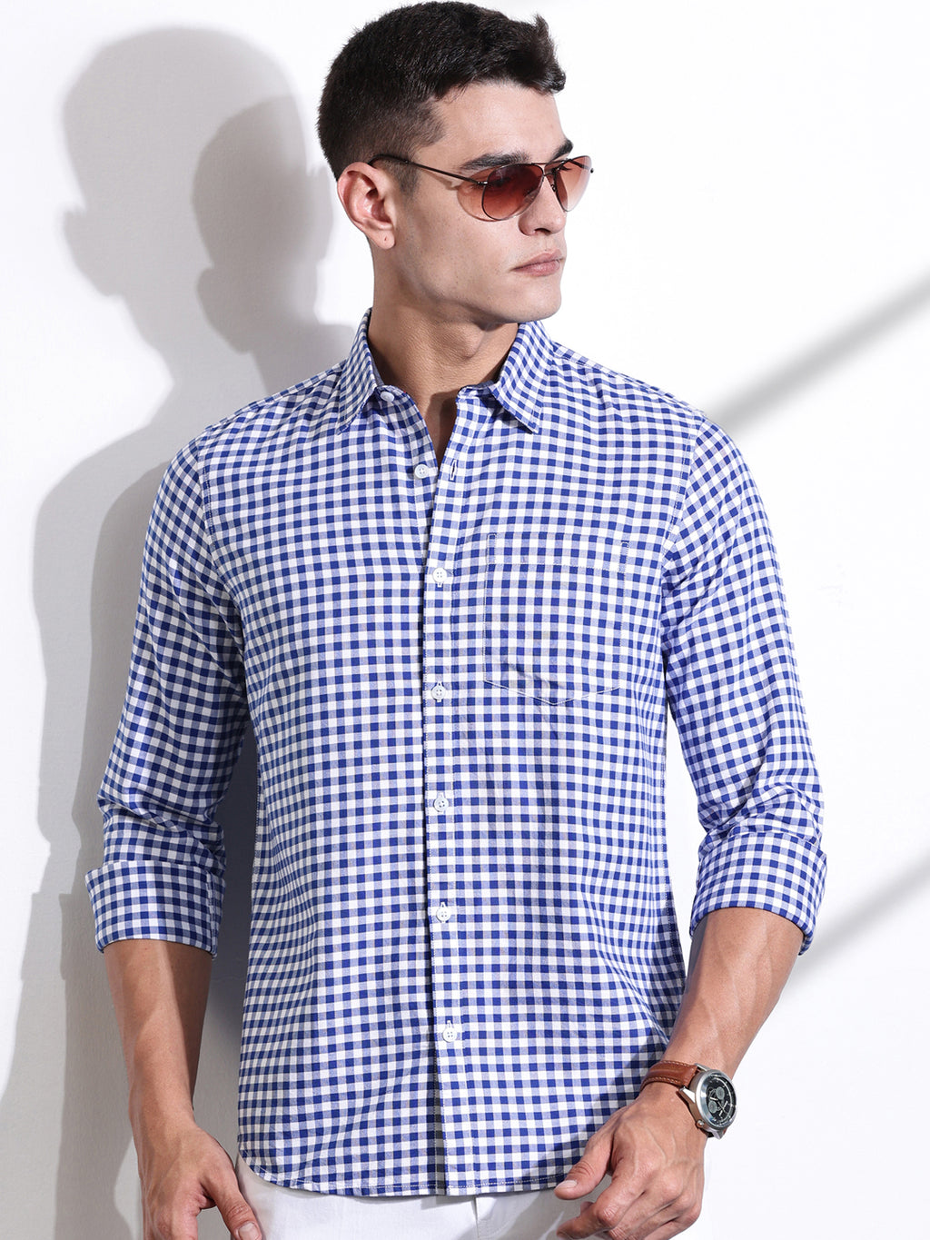 Thomas Scott Men RoyalBlue Slim Fit Long Sleeves Gingham Checks Woven Casual Shirt