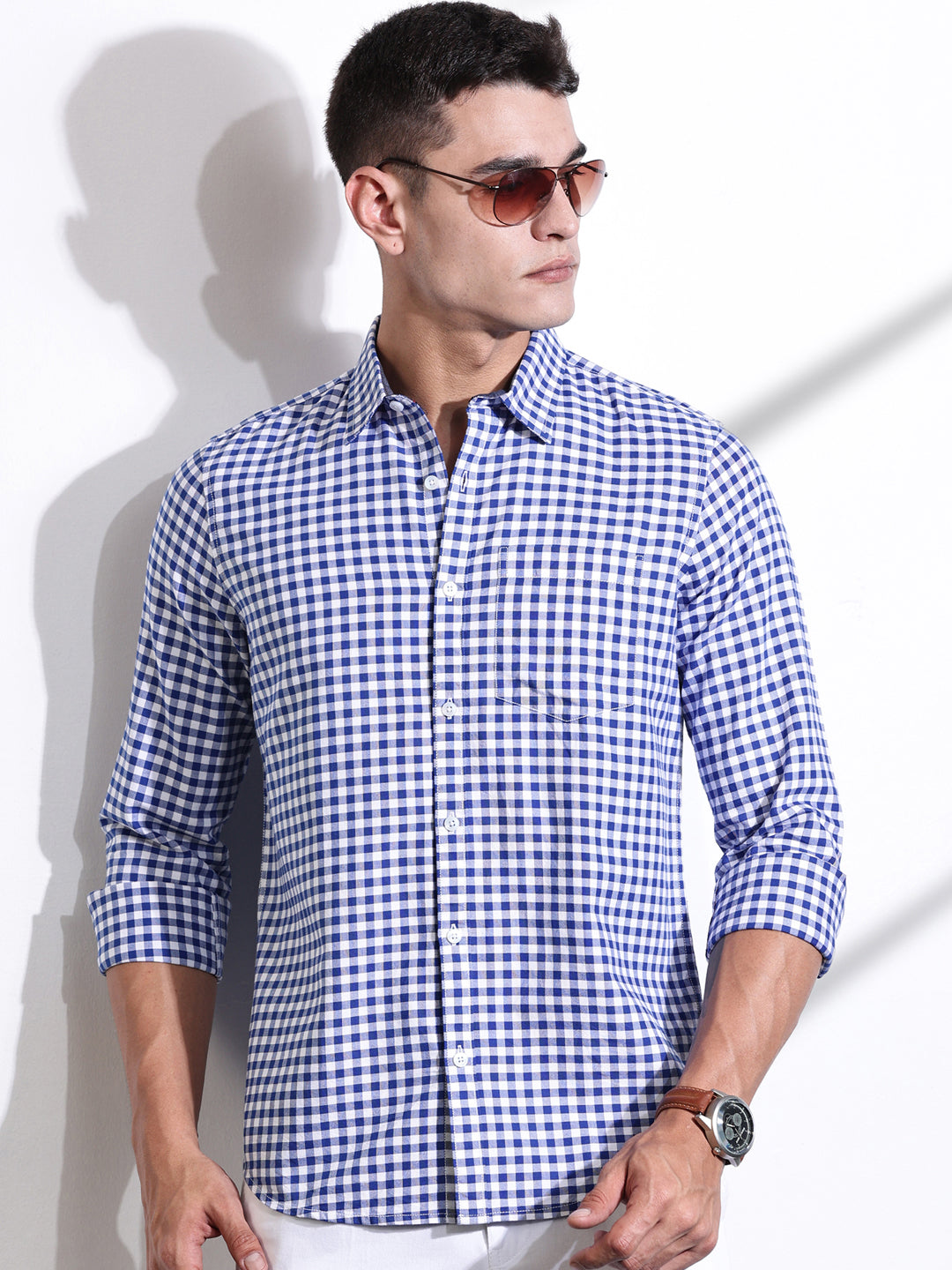 Thomas Scott Men RoyalBlue Slim Fit Long Sleeves Gingham Checks Woven Casual Shirt