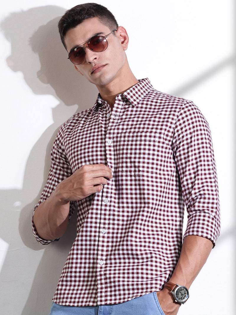 Thomas Scott Men Maroon Slim Fit Long Sleeves Gingham Checks Cotton Woven Casual Shirt