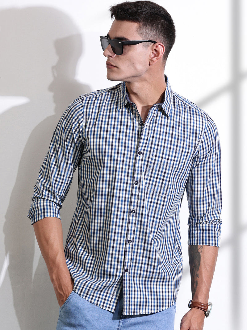 Thomas Scott Men Navy Slim Fit Long Sleeves Gingham Checks Woven Casual Shirt