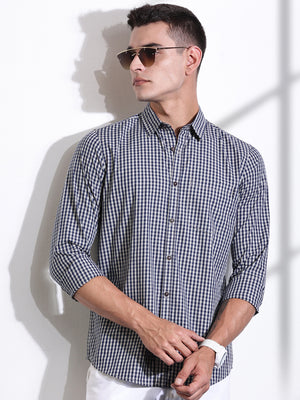 Thomas Scott Men Navy Slim Fit Long Sleeves Gingham Checks Woven Casual Shirt