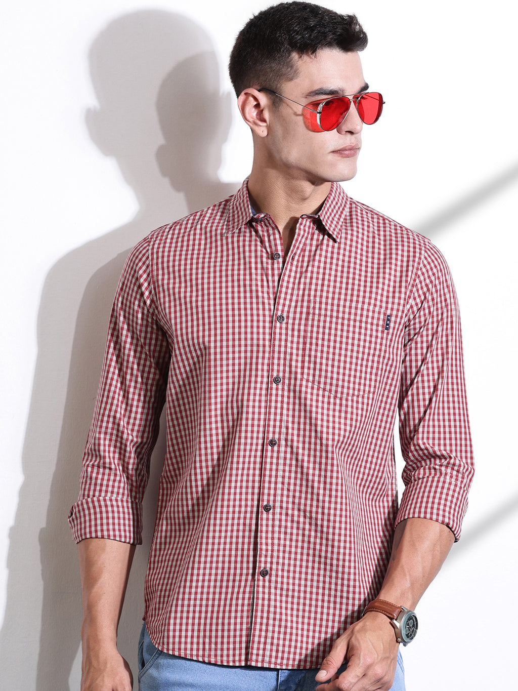 Thomas Scott Men Red Slim Fit Long Sleeves Gingham Checks Cotton Woven Casual Shirt
