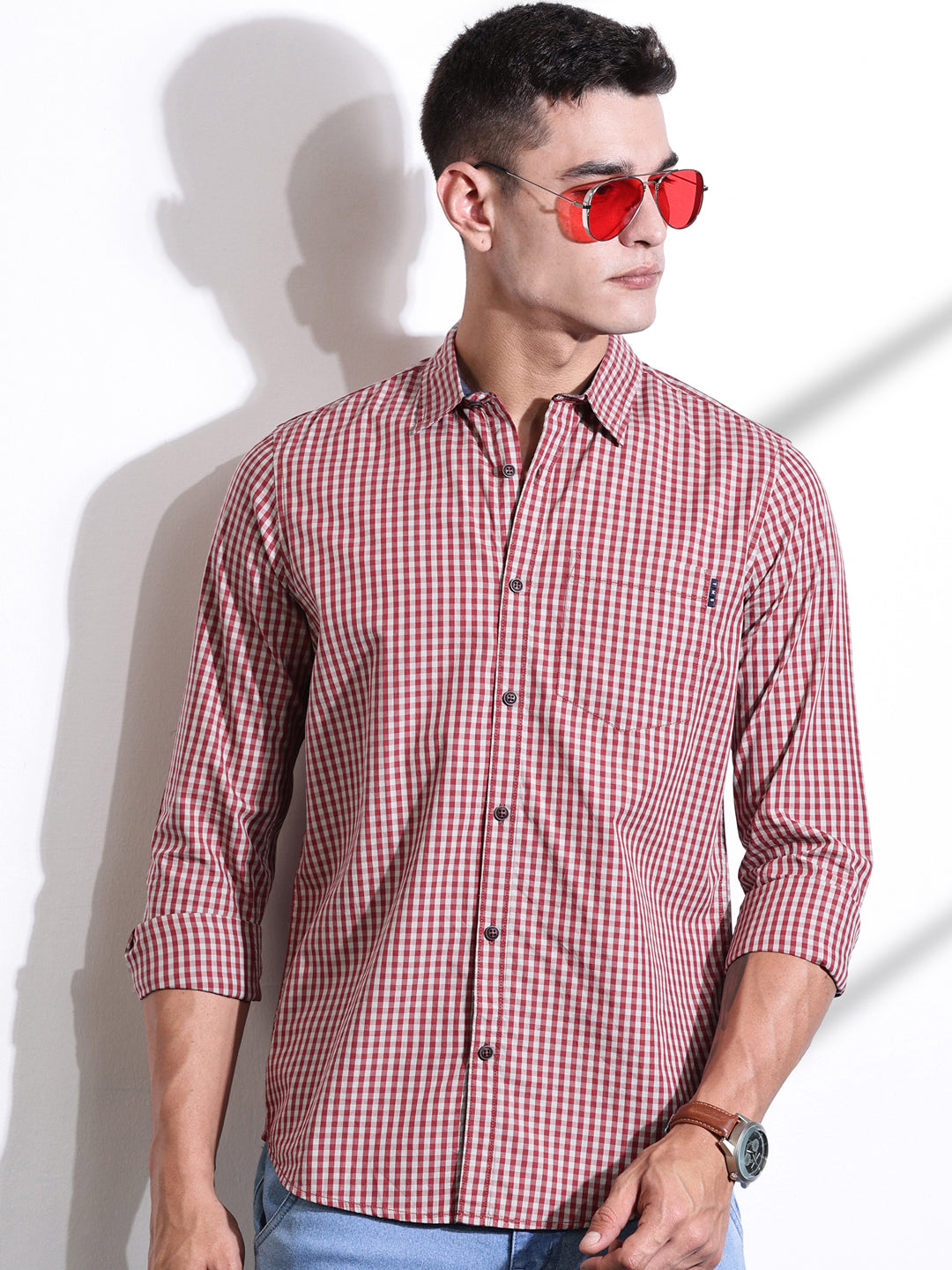 Thomas Scott Men Red Slim Fit Long Sleeves Gingham Checks Cotton Woven Casual Shirt