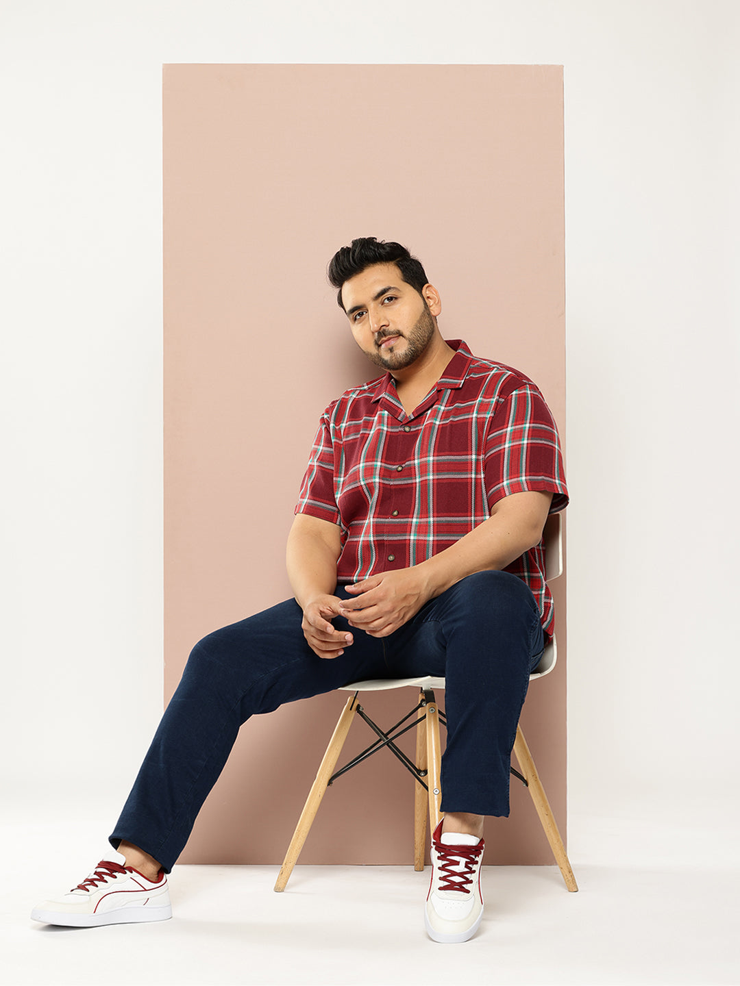 Thomas Scott Men Red Plus Size Regular Fit Short Sleeves Windowpane Checks Casual Shirt
