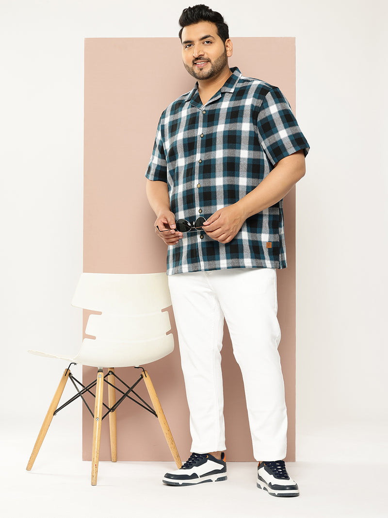 Thomas Scott Men Teal Plus Size Regular Fit Short Sleeves Windowpane Checks Casual Shirt