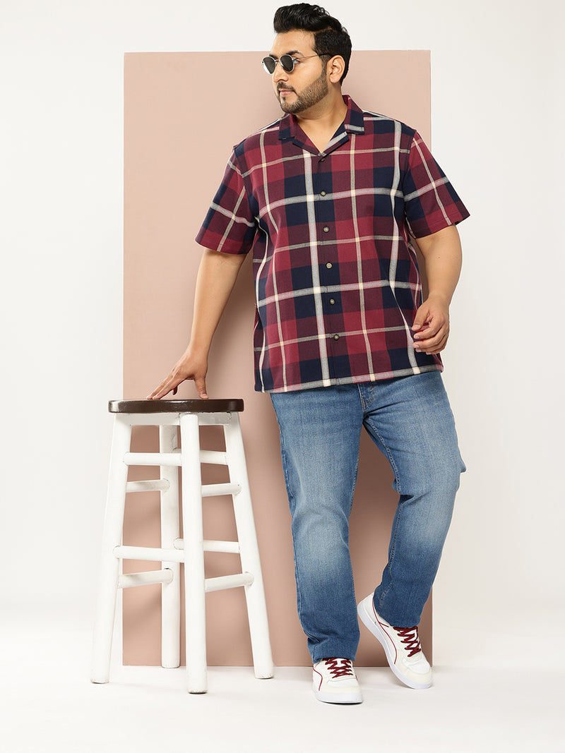Thomas Scott Men Red Plus Size Regular Fit Short Sleeves Windowpane Checks Casual Shirt