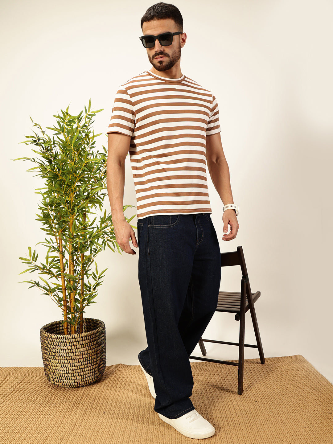 Thomas Scott Men Brown Regular Fit Short Sleeves Round Neck Knitted T-shirt