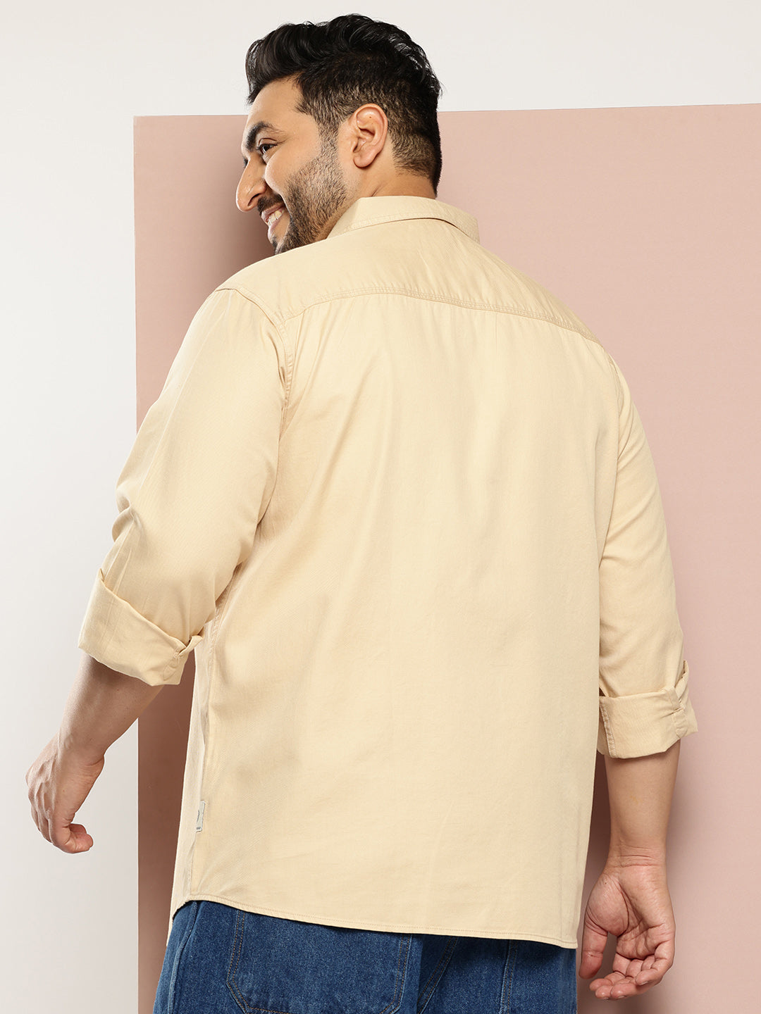 Thomas Scott Men Beige Plus Size Regular Fit Long Sleeves Button-Down Collar Twill Shirt