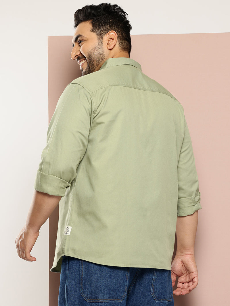 Thomas Scott Men Green Plus Size Regular Fit Long Sleeves Button-Down Collar Twill Shirt