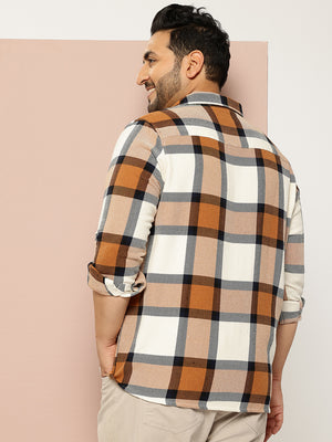 Cream Plus Size Regular Fit Windowpane Checks Woven Casual Shirt For Men