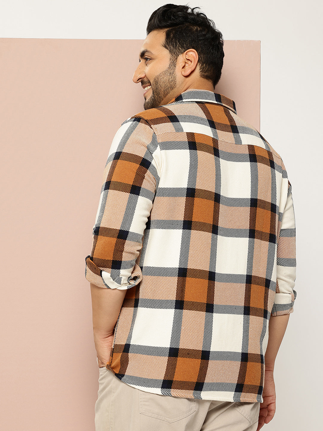 Thomas Scott Men Cream Plus Size Regular Fit Windowpane Checks Woven Shirt