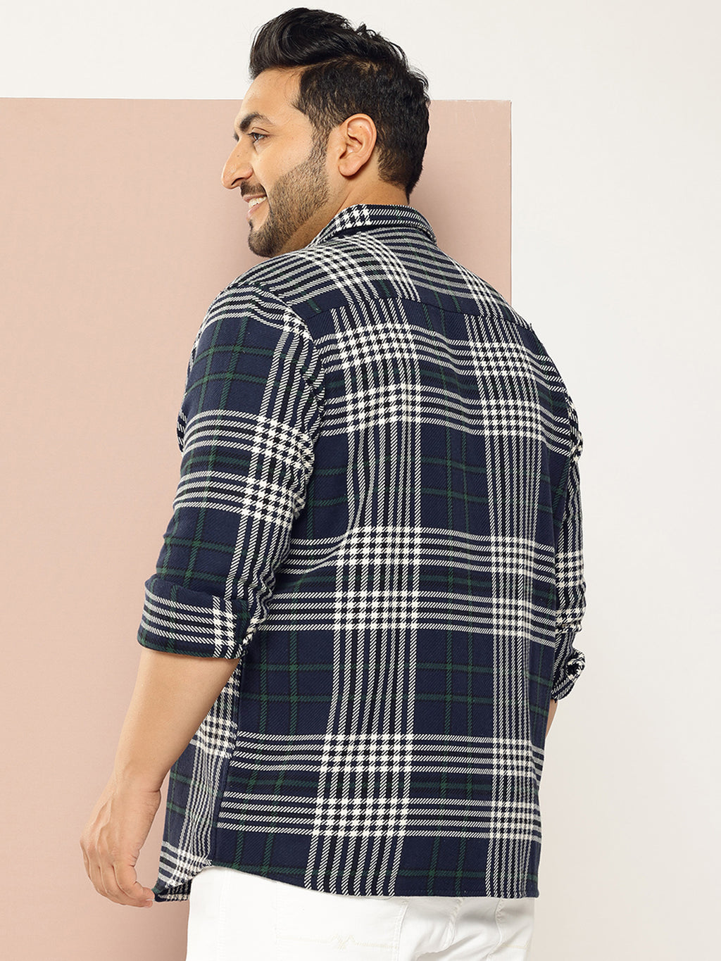 Thomas Scott Men NavyBlue Plus Size Regular Fit Tartan Checks Woven Shirt