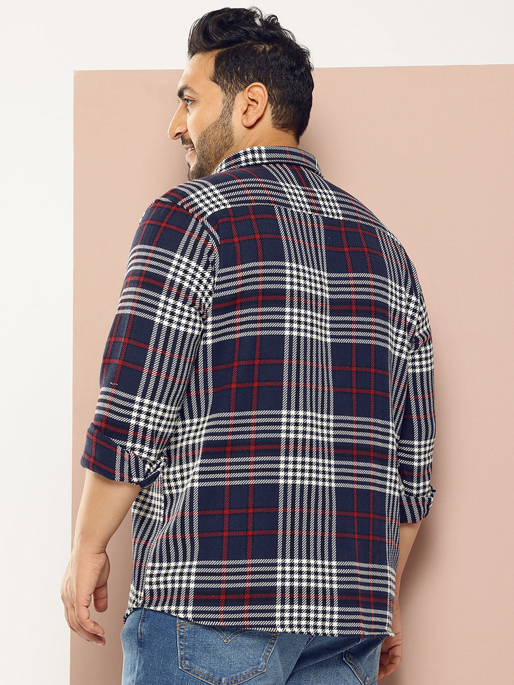 Thomas Scott Men NavyBlue Plus Size Regular Fit Tartan Checks Woven Shirt