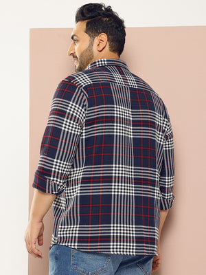 Thomas Scott Men NavyBlue Plus Size Regular Fit Tartan Checks Woven Shirt