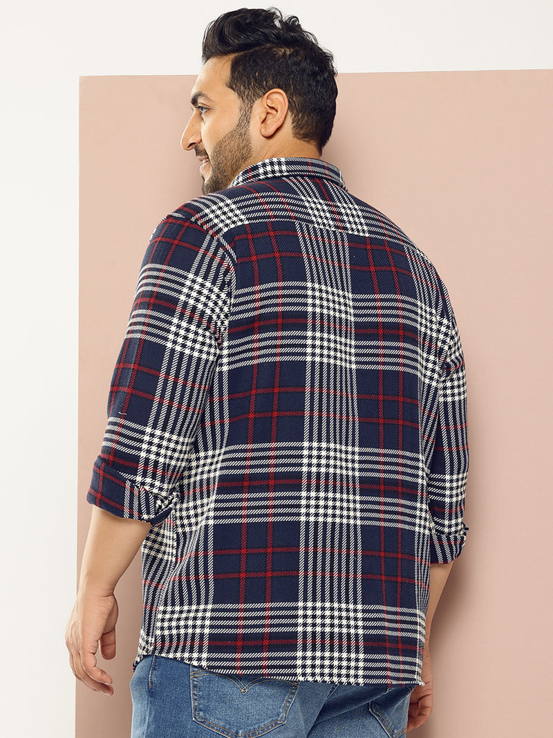 Thomas Scott Men NavyBlue Plus Size Regular Fit Tartan Checks Woven Shirt