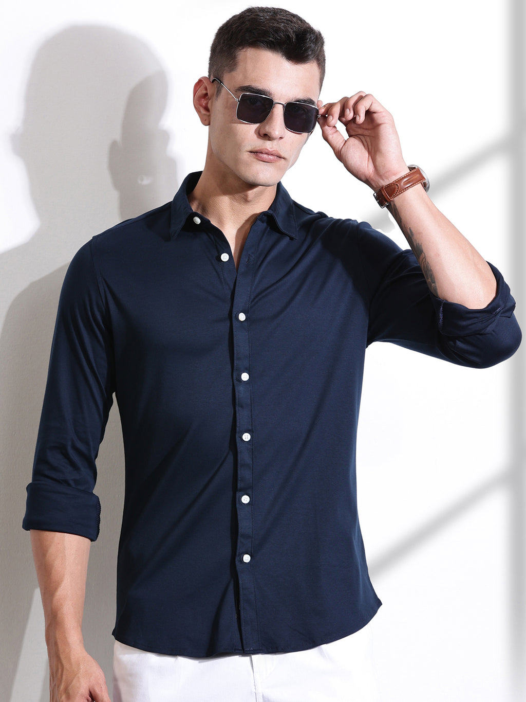 Thomas Scott Men Navy Blue Spread Collar Slim Fit Long Sleeves Solid Knitted Shirt