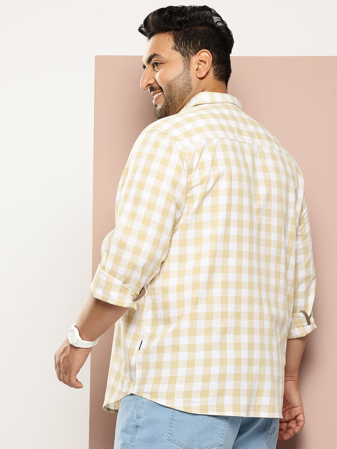 Thomas Scott Men Beige Plus Size Regular Fit Long Sleeves Tartan Checks Casual Shirt
