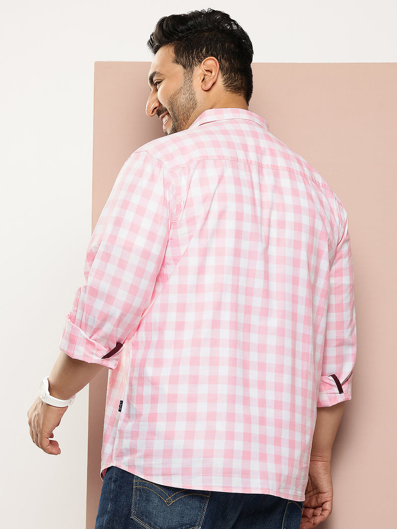 Thomas Scott Men Pink Plus Size Regular Fit Long Sleeves Tartan Checks Casual Shirt