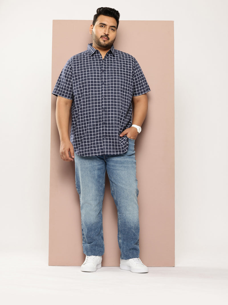 Thomas Scott Men Navy Plus Size Regular Fit Short Sleeves Windowpane Checks Woven Casual Shirt