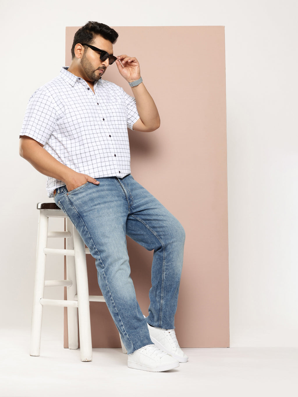Thomas Scott Men White Plus Size Regular Fit Short Sleeves Windowpane Checks Woven Casual Shirt
