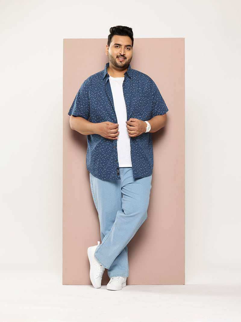Thomas Scott Men Navy Plus Size Regular Fit Short Sleeves Micro Ditsy Printed Woven Casual Shirt
